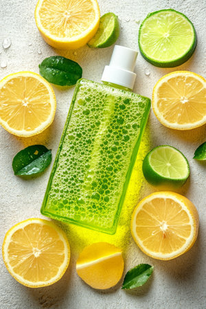 Refreshing Lemon Face Wash Citrus Fruits and Skincare Product on White Background with Copy Spaceの素材
