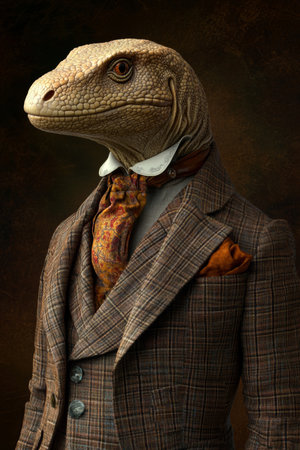 Anthropomorphic Komodo Dragon, Victorian attire, profile portrait, dark background, reptile fashionの素材