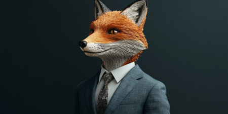 Stylized Fox in Business Suit - Anthropomorphic Character Portrait on Dark Backgroundの素材