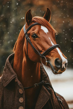 Chestnut Horse in Elegant Coat, Blending Animal and Human Features, Dark Artistic Background.の素材
