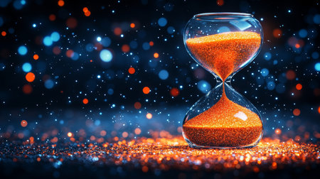 Orange Sand Hourglass on Sparkling Surface with Twinkling Starry Night Sky Backgroundの素材