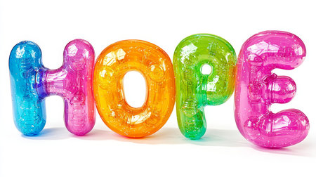 Vibrant Inflatable Letters Spelling HOPE Isolated A Colorful Symbol of Positivity on Whiteの素材