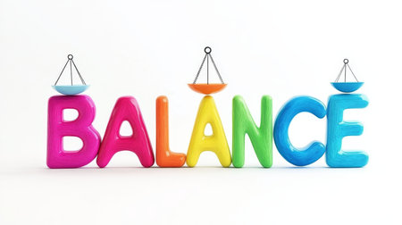 Colorful 3D BALANCE Word Art with Miniature Scales on White, Concept of Equilibriumの素材