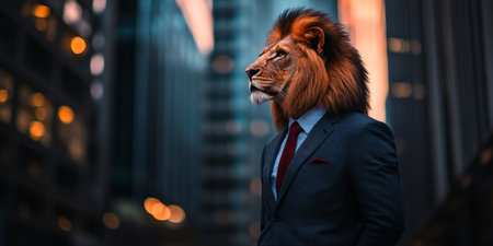 Lion in Suit, City Portrait, Male, Man, Anthropomorphic Character, Fine Art, Animal Human Hybridの素材