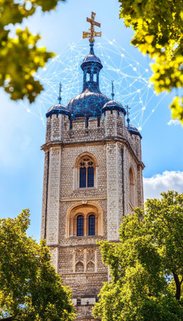 Historic Tower of London A British Landmark Soaring Above Lush Green Trees on a Sunny Dayの素材