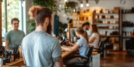 Modern Hair Salon A Customer Watches As A Stylist Attentively Styles A Woman s Hair.の素材