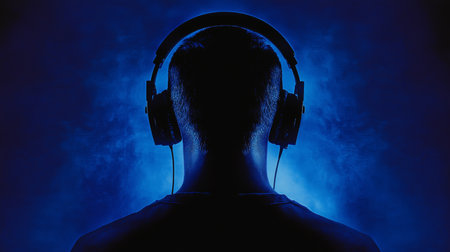 Gamer in Headphones Illuminated by Screen, Immersed in Gameplay, Silhouette on Blue Backgroundの素材