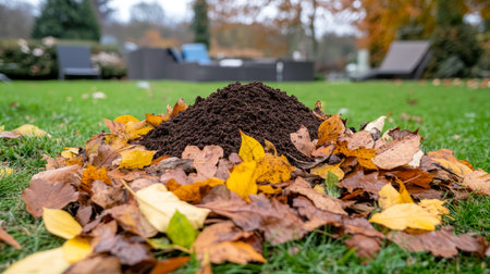 Molehill on a Lush Lawn Adorned with Colorful Autumn Leaves, Garden Pest and Wildlifeの素材