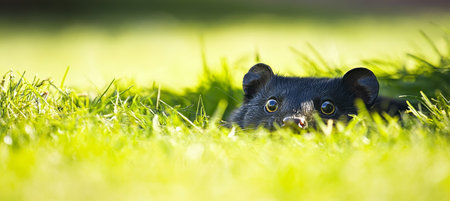 Curious Mink Peeking From Green Lawn on a Summer Day, Nature Photo. Wildlife Photographyの素材