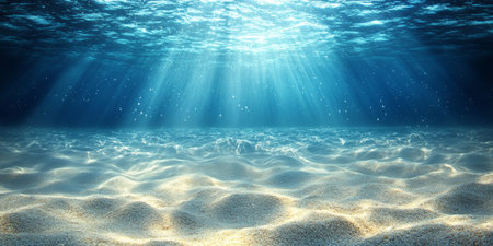 Sunbeams Penetrating Crystal Clear Water, Illuminating Sandy Ocean Floor, Vibrant Blue Sceneの素材