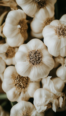 Close-up, Macro View of Raw Organic Garlic Bulbs, Freshly Harvested from Nature s Bounty. Rusticの素材