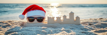 Beach Holiday Celebration with Suntanned, Sunglasses-Wearing Snowman and Toy Sandcastleの素材