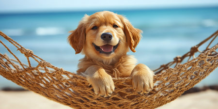 Adorable Golden Retriever Puppy Relaxing in Hammock on Tropical Beach with Clear Blue Skyの素材