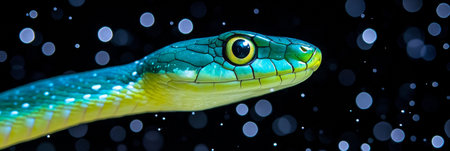 Close-Up Of A Vibrant Green And Yellow Snake s Head With Shimmering Bokeh, Wildlife Portraitの素材