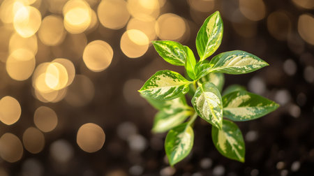 Variegated Foliage An Overhead View of a Small Ornamental Plant with Green and White Leavesの素材