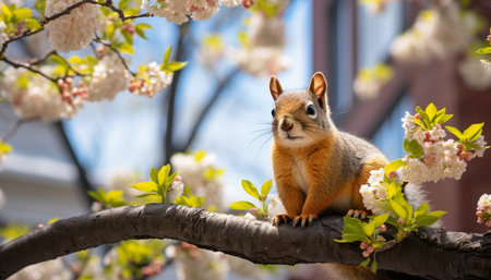 Curious Red Squirrel Perched on a Flowering Branch, Enjoying Spring View and Warm Sunshineの素材