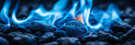 Vibrant Blue Flames Dance Above Dark Rocks, Creating an Abstract Energy and Heat Textureの素材