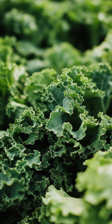 Close Up of Fresh, Vibrant Green Kale Leaves Growing in a Garden, Healthy Food Conceptの素材