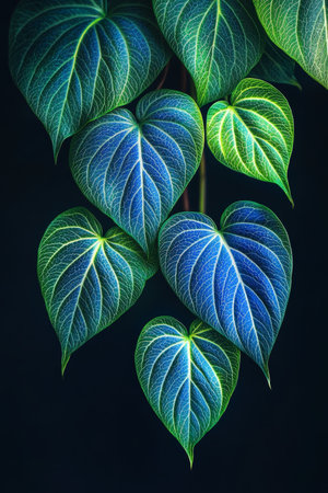 Blue-Green Tropical Leaves, Abstract Floral Design, Close-Up on Deep Green Backgroundの素材