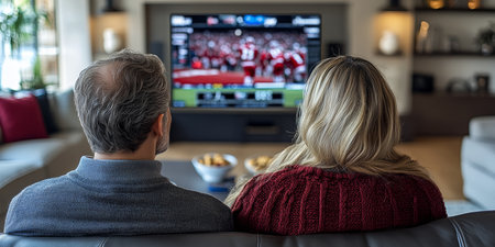Couple Enjoys Streaming Sports on TV at Home, Sharing Snacks and the Excitement of the Game.の素材