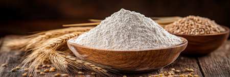 Mound of White Flour in a Wooden Bowl with Ears of Grain and Wheat Berries on a Rustic Tableの素材