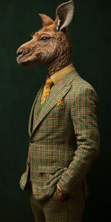 Dapper Kangaroo in Vintage Tweed Suit An Anthropomorphic Portrait, Perfect for Whimsical Designsの素材