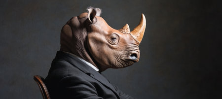 Portrait of a Rhinoceros in a Business Suit on Dark Background. Conceptual artwork.の素材