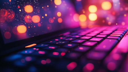 Neon Vaporwave Keyboard, Abstract Technology Background, With A Shallow Depth Of Field.の素材