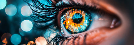 Close Up of a Human Eye with Vibrant Colors, Reflecting Light and Showcasing Incredible Detailの素材