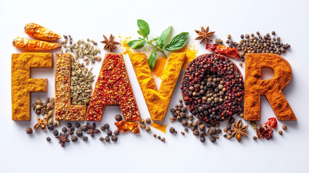 FLAVOR word made of colorful spices, herbs, and seasonings against a white background.の素材