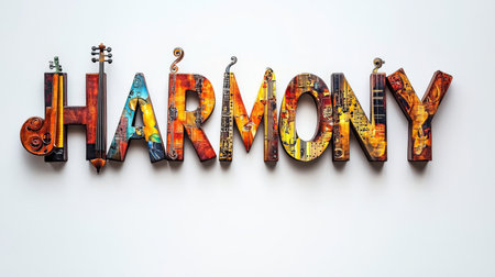 Harmony Word Art Letters Composed of Colorful Musical Instruments on White Backgroundの素材