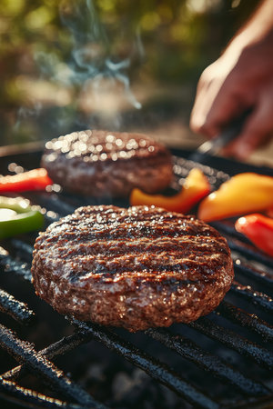 Grilled Beef Hamburgers, Sizzling on Barbecue Grill for a Delicious Summer Backyard Cookoutの素材