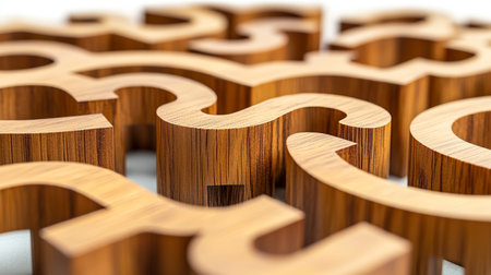 Intricate Wooden Puzzle, Close Up Showcasing Precision Carving and Warm, Natural Wood Tonesの素材