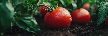 Fresh Red Tomatoes Growing. Organic Ripe Ripe Tomato On Branch Of Bush in Home Farm, Gardening.の素材