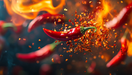 Red hot chili peppers exploding in fire, high-speed capture with vibrant colors, dark background 4Kの素材
