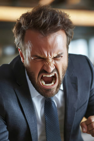 Angry Businessman Yelling, Workplace Conflict, Business Stress And Aggression Conceptの素材