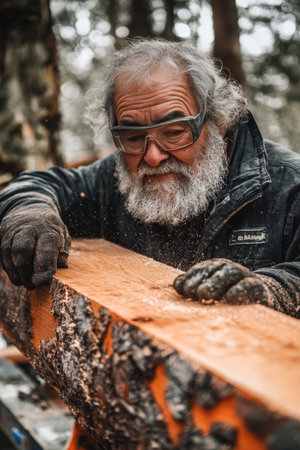 Skilled Craftsman Examining Wood Board, Highlighting Traditional Woodworking Techniquesの素材