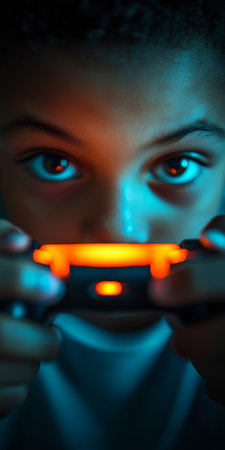 Gamer Boy Immersed in Dark Room, Lit by Controller, Intense Focus during Night Gaming Sessionの素材
