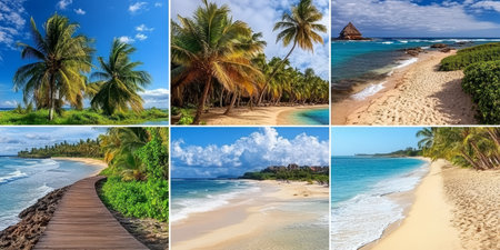 Six Picturesque Postcard-Perfect Tropical Beaches With Golden Sand, Turquoise Water, And Palm Treesの素材