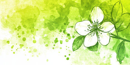 Close-Up Illustration of a Single White Cherry Blossom on Artistic Green Watercolor Backgroundの素材