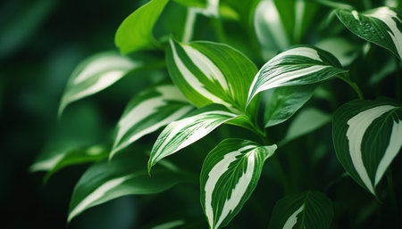 ,Light Green and White Leaves of Hosta Plant, a Perennial That Thrives in Shade Gardensの素材