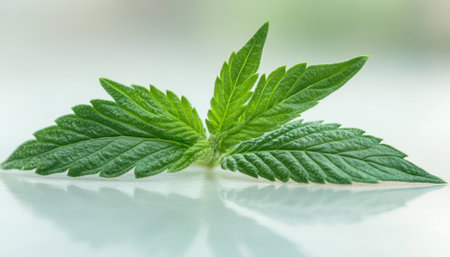 Vibrant Green Cannabis Seedling Leaves Isolated on a Soft White Background, Close-Up View.の素材