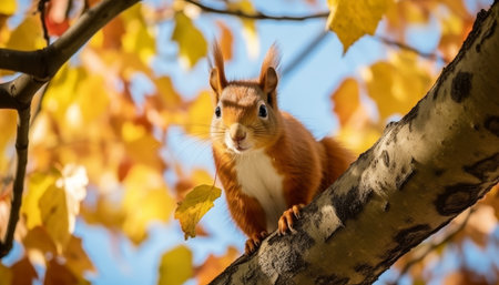 Red Squirrel, Autumn Colors and Wildlife. Curious Mammal Resting on Branch, A Symbol ofFall.の素材