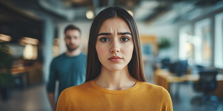 Concerned young businesswoman in a blurred office setting, professional stress, portrait.の素材