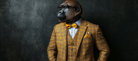 Sophisticated Gorilla in Suit with Bow Tie, Embracing Human and Animal Traits on Dark Backgroundの素材