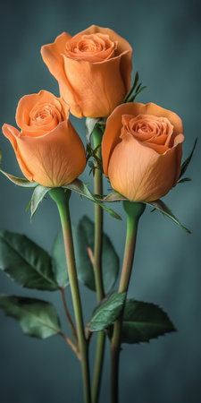 Three Exquisite Peach Roses in Full Bloom on a Teal Background, Perfect for Copy Spaceの素材