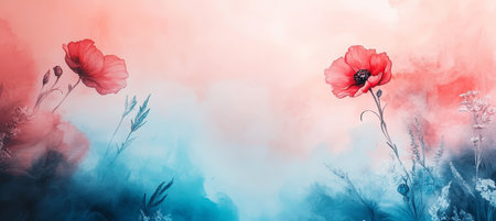 Delicate Watercolor Floral Background, Red Poppies, Blue And Coral Color Palette, Gentle Texture.の素材