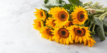 Bright Yellow Sunflower Bouquet Bouquet on Rustic White with Detail Showing Lush petalsの素材
