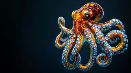 Giant Pacific Octopus Portrait, Vibrant Colors, Detailed Skin Texture, Isolated on Black Backgroundの素材