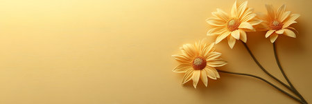 Three Bright Yellow Sunflowers Arrangement on Gentle Pastel Yellow Background With Copy Spaceの素材